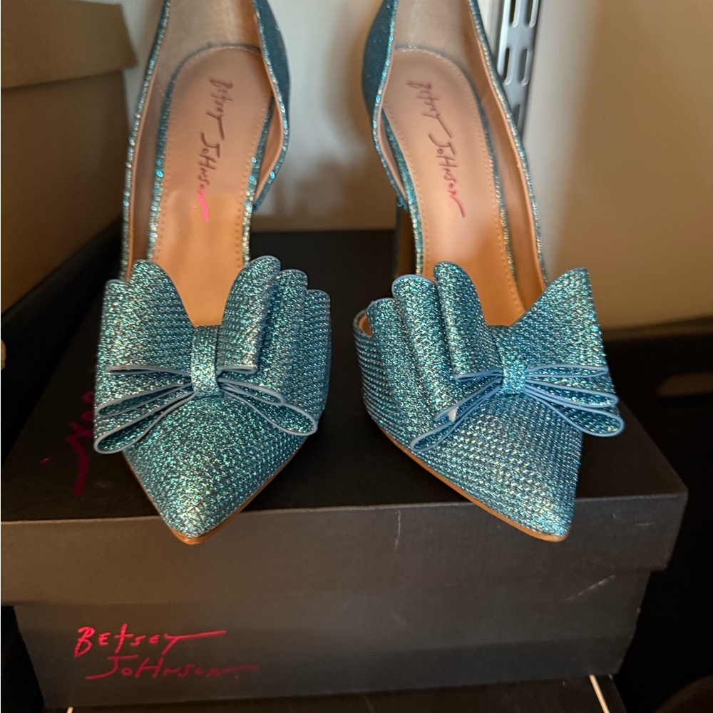 Betsey Johnson Sparkly Blue Glitter Heels with Bow